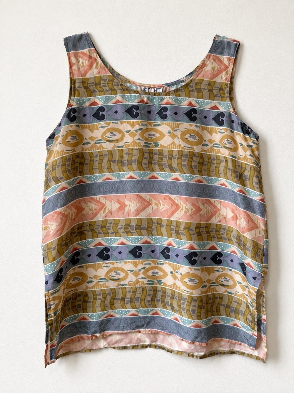 Vintage 90s Stunt Collection 100% Silk Tank Top L Southwestern Abstract Boho